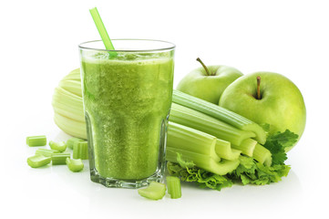 Detox smoothie with celery and apple on a white background.