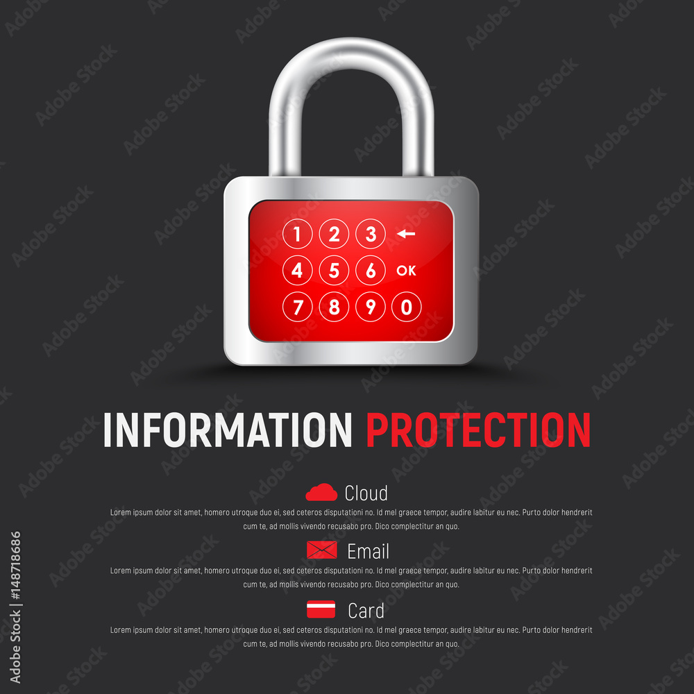 Poster template of a square black web banner with a padlock and a digital display for pin code