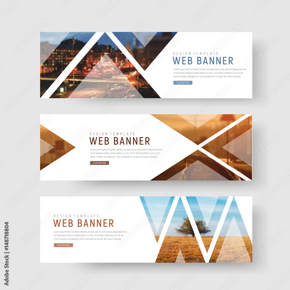 Poster set of horizontal white banners with triangular shapes for a photo.