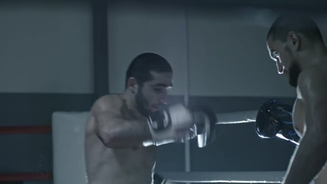 Handheld tilt down shot of strong fighter in boxing gloves training leg kicking on heavy bag held by his sparring partner in dark gym