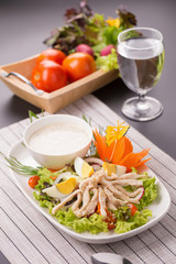 Fresh green salad with chicken and lettuce Fresh summer background Healthy eating