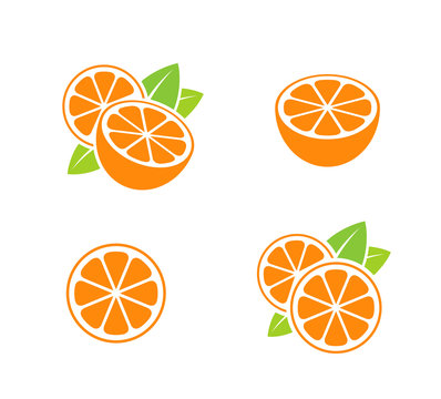 Orange fruit. Icon set. Cut oranges with leaves on white background