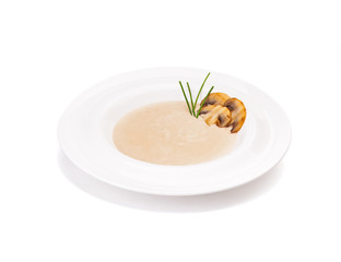 The fried mushrooms cream soup decorated by lettuce. The dish isolated on a white background.
