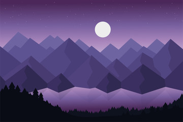 Cartoon vector illustration of mountain landscape with lake or river behind dense forests under dramatic violet sky with stars and moon with reflection on the surface