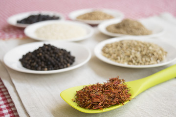 variety of spices with saffron in pistils