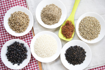 top view of variety of spices with saffron in pistils