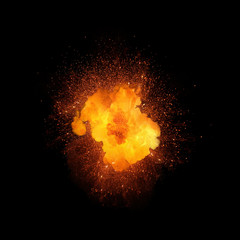 Realistic fiery explosion, orange color with sparks isolated on black background