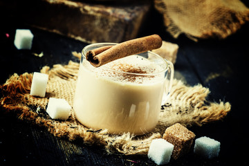 Traditional tea with milk, selective focus
