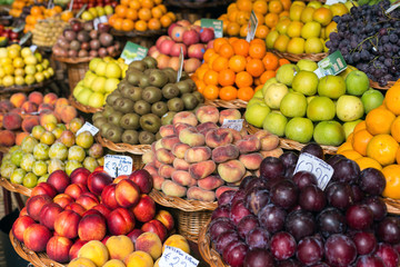 Naklejka na ściany i meble Fresh exotic fruits in Mercado Dos Lavradores. Funchal, Madeira, Portugal