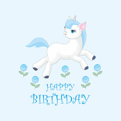 Fototapeta premium Happy birthday greeting card with the image of cute unicorn. Colorful vector illustration