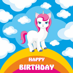 Happy birthday greeting card with the image of cute unicorn. Colorful vector illustration