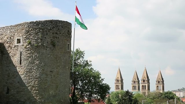 Tower with Hungarian flag Pecs Hungary