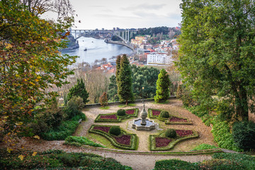 Fountain in Crystal Palace Gardens and Douro River in Porto, Portugal