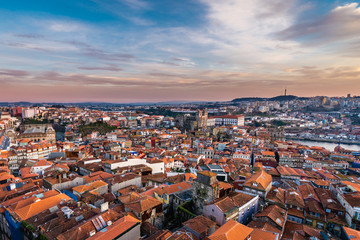 Fototapeta na wymiar Sunset in Porto city, Portugal - view from Clerigos Tower