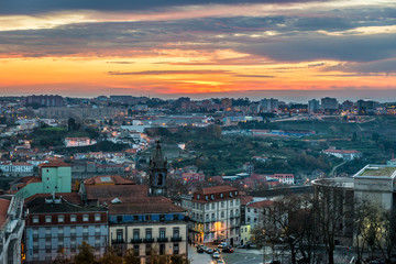Evening in Porto city, Portugal seen from Clerigos Tower