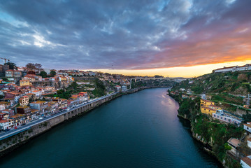 Aerial view on Douro River and cities od Porto (left) and Vila Nova de Gaia
