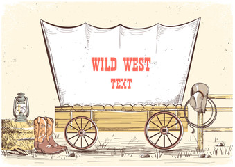 Fototapeta na wymiar Wild west wagon.Vector cowboy illustration background for text
