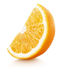 Standing ripe slice of orange citrus fruit isolated on white background with clipping path