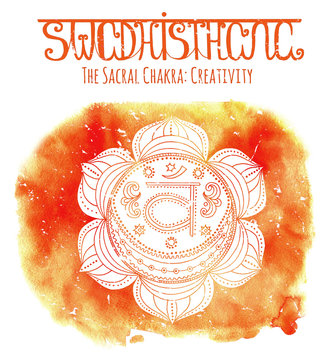 Hand Drawn White Sacral Chakra On Watercolor Background With Lettering