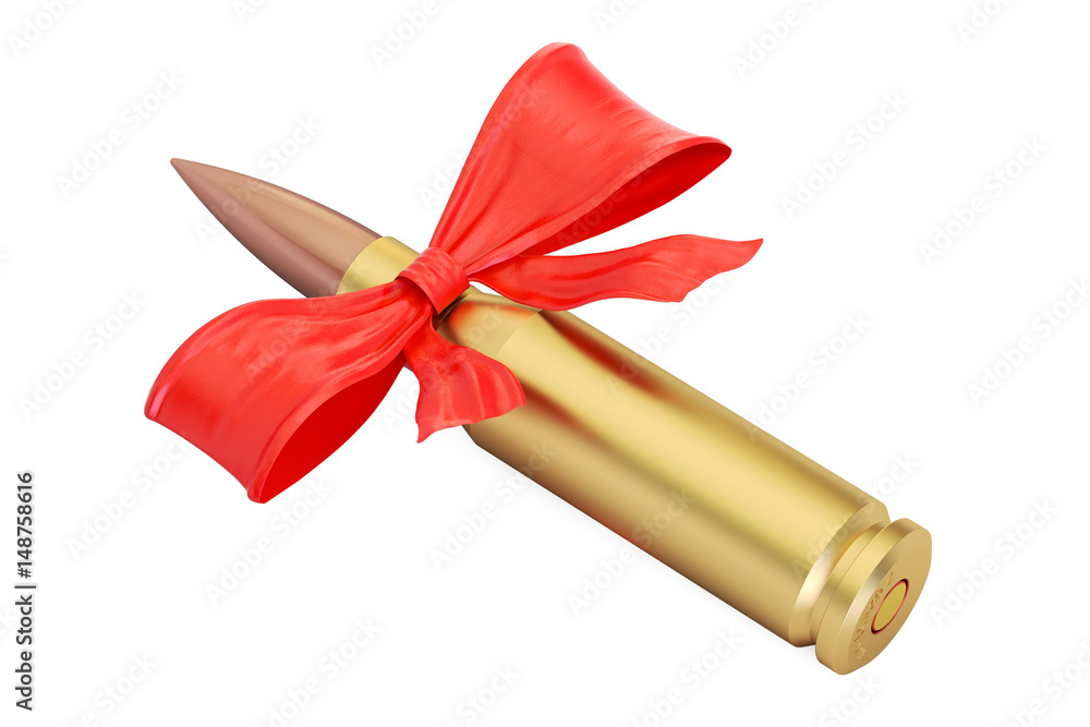Poster bullet with red bow, present concept. 3d rendering
