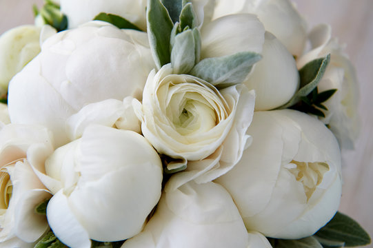 Wedding bouquet of white peonies and ranunculuses.Wedding floristry