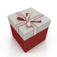 Red gift box with ribbon on white. 3D illustration