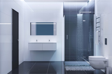 Fototapeta na wymiar Black and white modern shower room in the evening