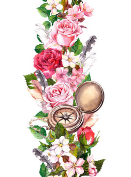 Floral border with flowers, vintage compass. Travel concept. Watercolor seamless frame