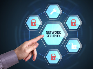 Business, Technology, Internet and network concept. Young businessman shows the word: Network...