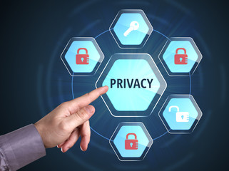 Business, Technology, Internet and network concept. Young businessman shows the word: Privacy