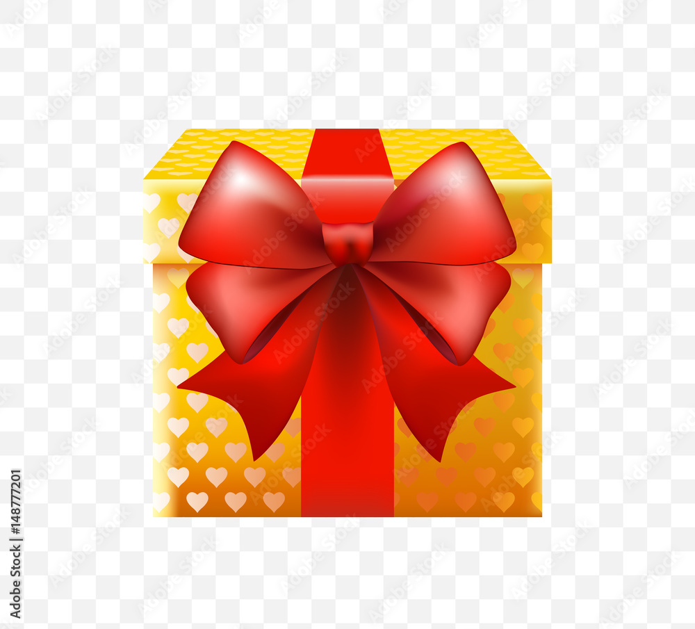 Poster 3d realistic yellow gift box with red bow. isolated vector element.