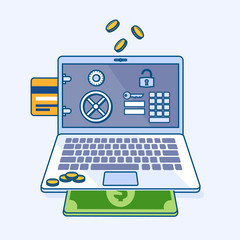 Flat line illustration of online internet security banking safe with personal account page on laptop notebook and coins, credit card, money dollar cash banknote. Digital eCommerce business concept
