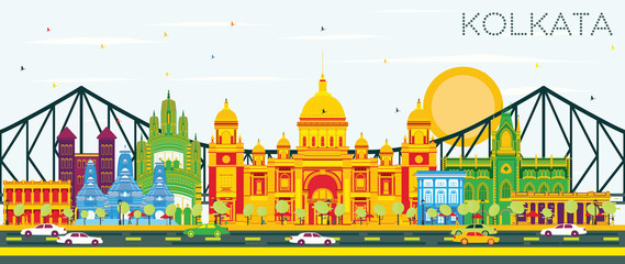 Kolkata Skyline with Color Landmarks and Blue Sky.