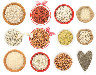 Bowl and Bag with Seeds and Beans Isolated on White