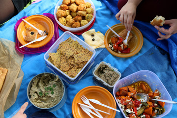 Unrecognizable people eating various picnic food: roasted vegetables salad, baba ghanoush, gluten-free crackers, foccacia bread, gluten-free and sugarfree dates cake. Top view. 
