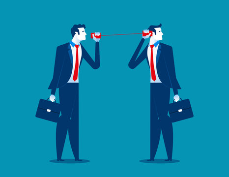 Businessman communicating through tin cans. Concept business communication. Vector flat.