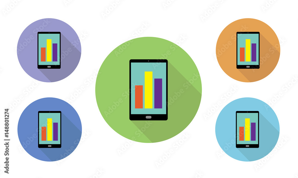 Poster set of circular illustrated vector icons of different colors with mobile phone and graph on display 