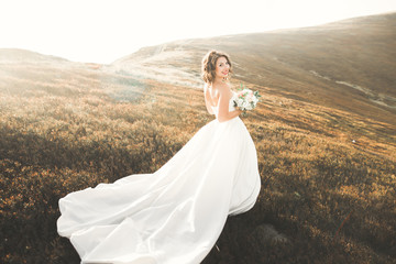 Fototapeta na wymiar Happy beautiful bride outside on a summer meadow at the sunset with perfect view