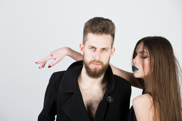 sexy couple, bearded man, girl with long hair, black lips
