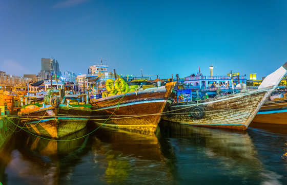 Night view of a dhow port in Dubai, UAE