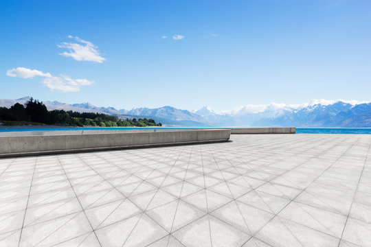 empty floor with blue sea in blue sky