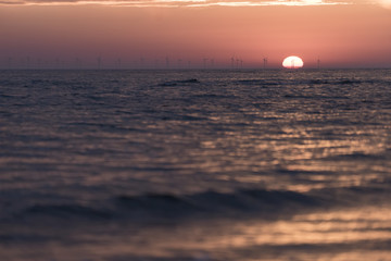 Offshore wind farm with rising or setting sun.