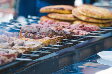 Street food festival, delicious grilled meat and flatbread