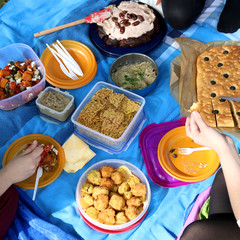 Unrecognizable people eating various picnic food: roasted vegetables salad, baba ghanoush, gluten-free crackers, foccacia bread, gluten-free and sugarfree dates cake. Top view. 
