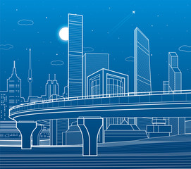 Automobile highway, infrastructure and urban illustration, night city on background, towers and skyscrapers, airplane fly, vector design art