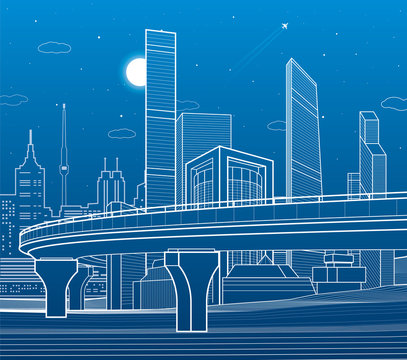 Automobile highway, infrastructure and urban illustration, night city on background, towers and skyscrapers, airplane fly, vector design art
