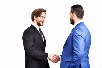 happy men in jacket hold hands each other in handshake