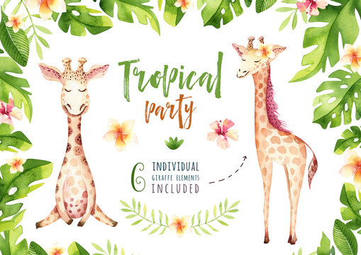 Hand drawn watercolor tropical plants set and giraffe. Exotic palm leaves, jungle tree, brazil tropic botany elements and monkeys. Perfect for fabric design. Aloha collection. © kris_art