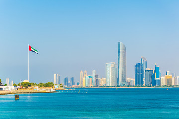 Skyline of Abu Dhabi with the Qasr Al Amwaj theater, UAE
