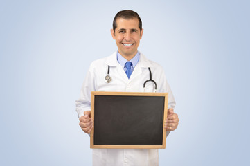 Doctor holding chalkboard with